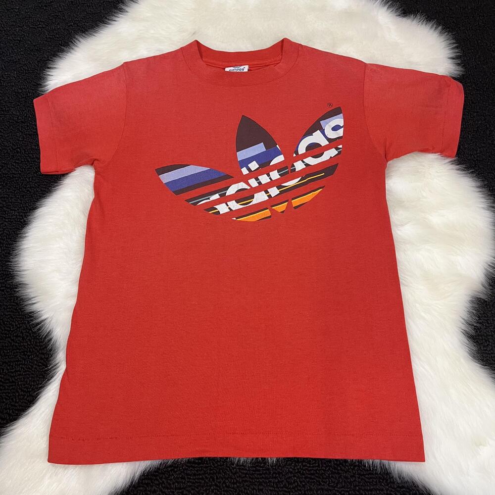 Vintage Adidas Shirt Boys Large Red Trefoil Striped Logo Made USA 70s Tee